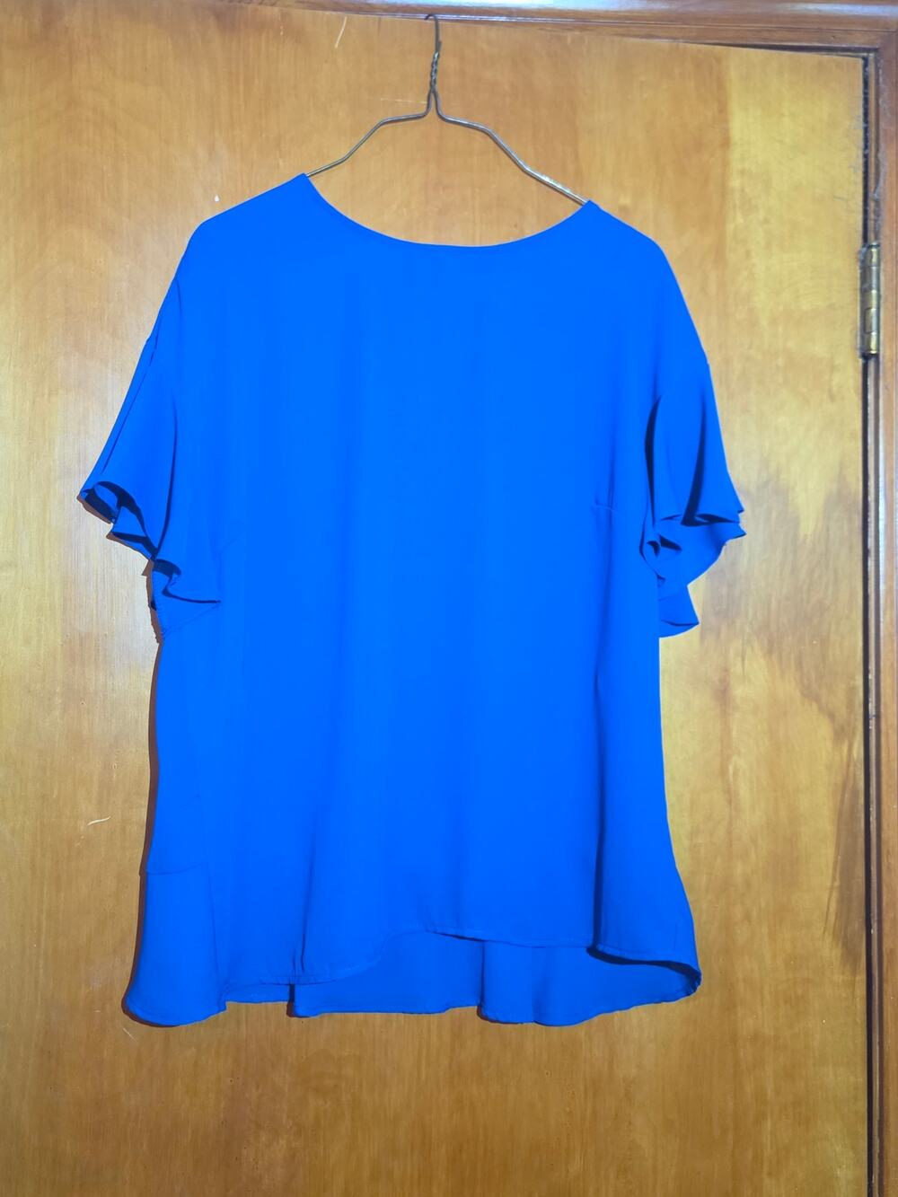 RO & DE Royal Cobalt Blue Flutter Sleeve Peplum Blouse Top Size Small Made in US